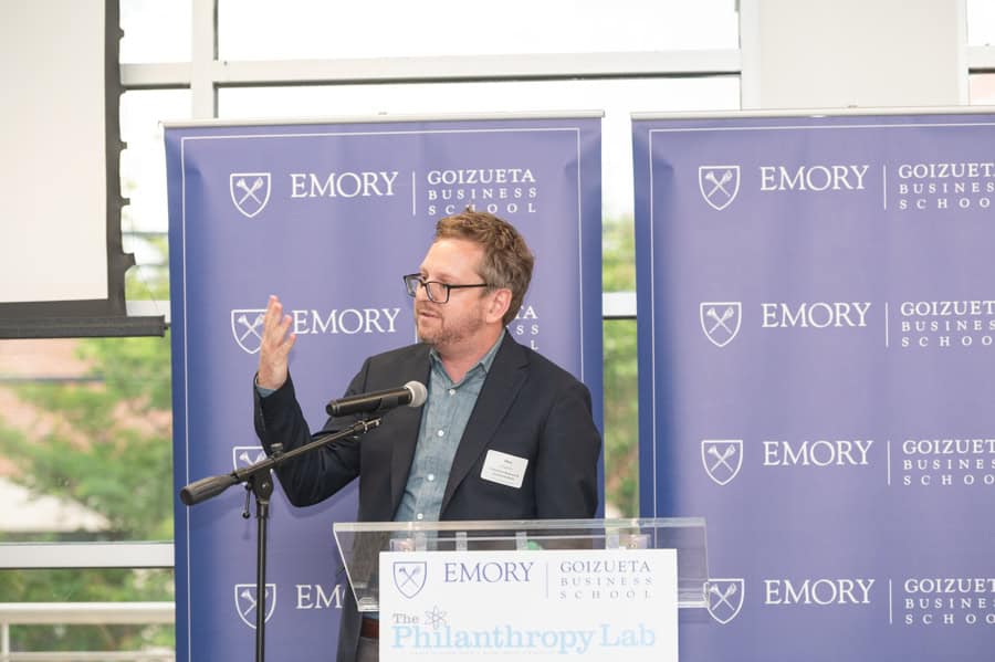 Wes Longhofer addresses attendees at Goizueta's 2024 Philanthropy Lab giving ceremony